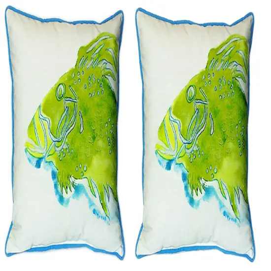 Pair of Betsy Drake Green Fish Large Indoor/Outdoor Pillows 18x18 {1}