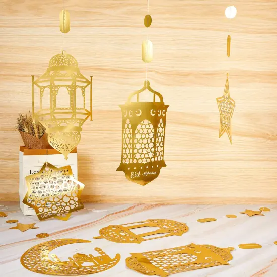 24 Pieces Islamic Star Moon Lantern Ramadan Garland Eid Decoration Streamer Ramadan Mubarak Party Banner Backdrop Shining Hanging Wall Decorations for Home Wedding Decor Islam Party(Gold) {4}