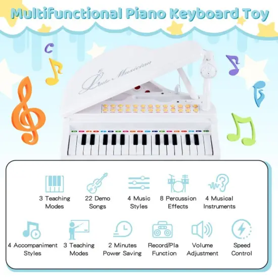 31 Keys Kids Piano Keyboard with Stool and Piano Lid White {3}
