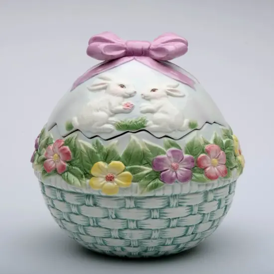 Ceramic Egg Shaped Cookie Jar with Bunny Rabbits and Flowers, Gift for Her, Gift for Mom, Kitchen D&eacute;cor, Spring D&eacute;cor, Easter D&eacute;cor {3}