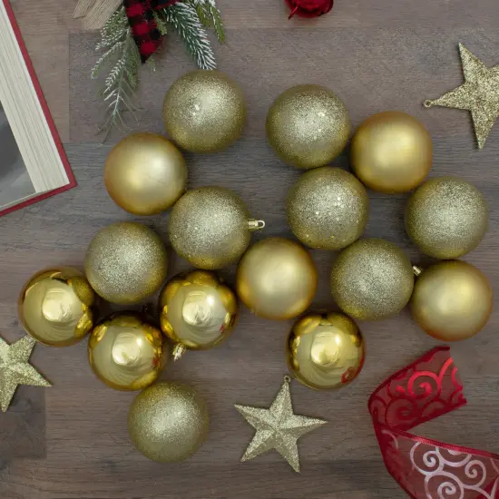 Northlight Shatterproof 4-Finish Christmas Ball Ornaments - 3" (75mm) - Vegas Gold - 16ct {3}