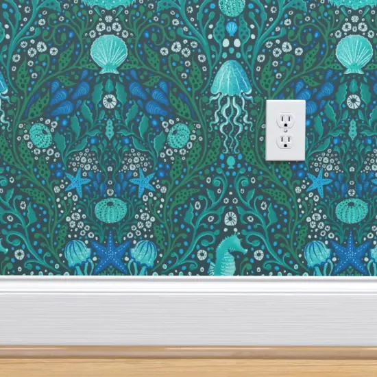 Pre-Pasted Wallpaper 2FT Wide Blue Small Scale Ocean Aquatic Life Seahorses Seaweed Aqua Water Beach Coastal Jellyfish Sea Urchin Custom Pre-pasted Wallpaper by Spoonflower {4}