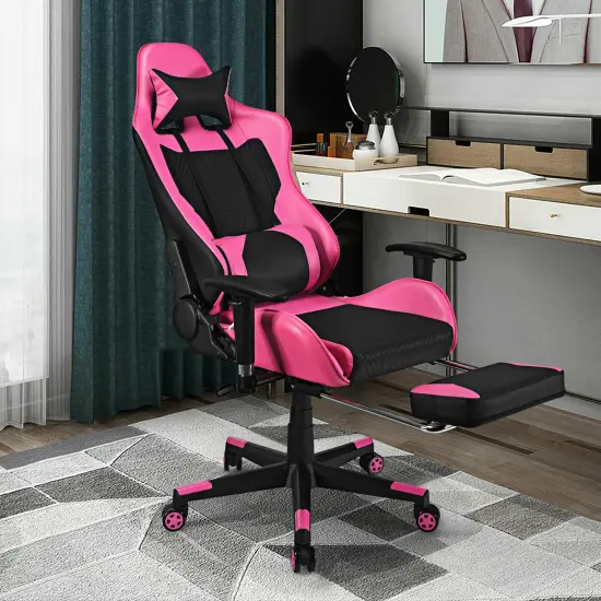 Costway Massage Gaming Chair Reclining Racing Office Computer Chair with Footrest White\Blue\Pink\Red {4}