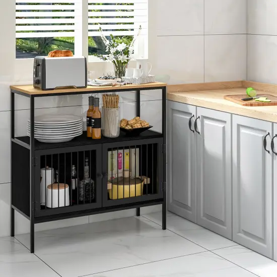 Kitchen Buffet Cabinet with 2 Doors and Open Shelf-Black {6}