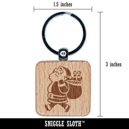 Santa Claus with Bag of Gifts Christmas Holiday Engraved Wood Square Keychain Tag Charm {2}