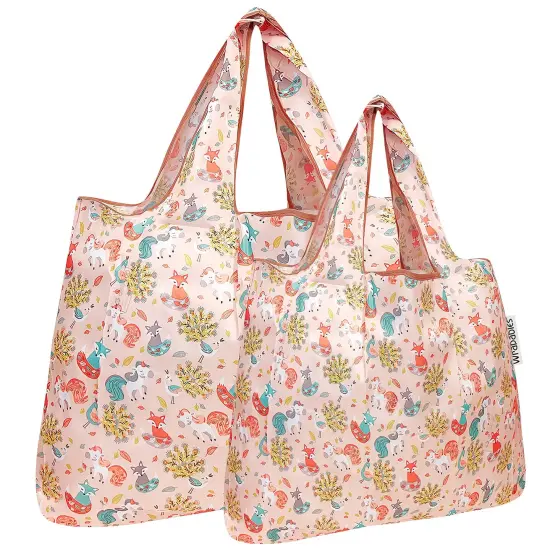 Wrapables Large & Small Foldable Tote Nylon Reusable Grocery Bags, Set of 2 Fantastic Creatures {1}