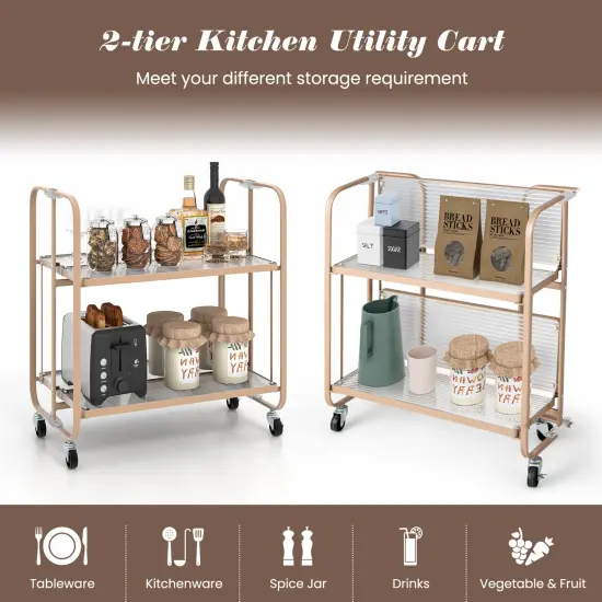 2-Tier Mobile Serving Cart with Tempered Glass Shelf-Golden {6}