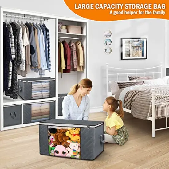 90L Large Storage Bags, 6 Pack Clothes Storage Bins Foldable Closet Organizers Storage Containers with Durable Handles for Clothing, Blanket, Comforters, Bed Sheets, Pillows and Toys (Gray) {4}