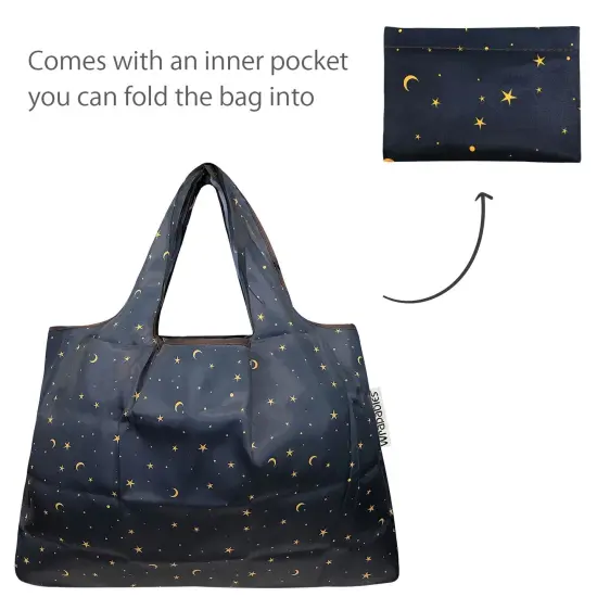Wrapables Large & Small Foldable Tote Nylon Reusable Grocery Bags, Set of 2 Moon & Stars {5}