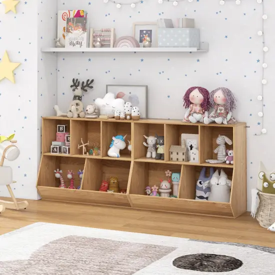 5-Cube Wooden Kids Bookshelf Organizer with 3 Upper Cubes for Books and 2 Large Cubes for Toys Natural {3}