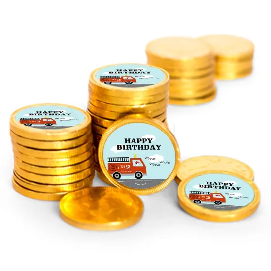 84 Pcs Fire Truck Kid's Birthday Candy Party Favors Chocolate Coins with Gold Foil {1}