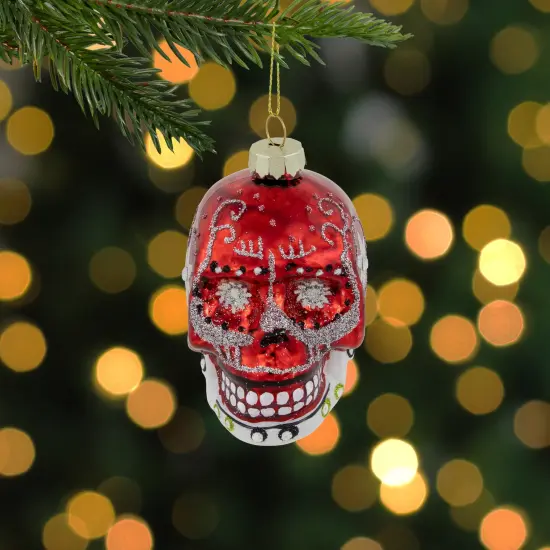 Northlight Day of the Dead Skull Head Glitter Glass Christmas Ornament - 3.5" - Red {3}