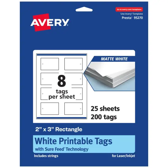 Avery Printable Matte White Tags with Strings, 2" x 3" Rectangle {7}