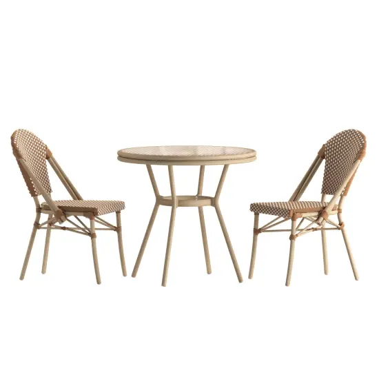 Merrick Lane Celia Bistro Style Table with Glass Top, PE Rattan, 2 Stack Chairs, and Bamboo Finished Metal Frame for Indoor/Outdoor Use Nat&White/LightNat {2}