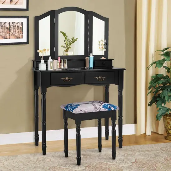Simple Vanity Set with Tri-Folding Mirror Drawers and Storage Shelf Black {2}