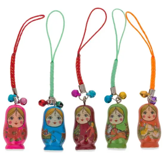 Set of 5 Wooden Dolls Matryoshka Charms for Phones, Bags, Backpacks {1}
