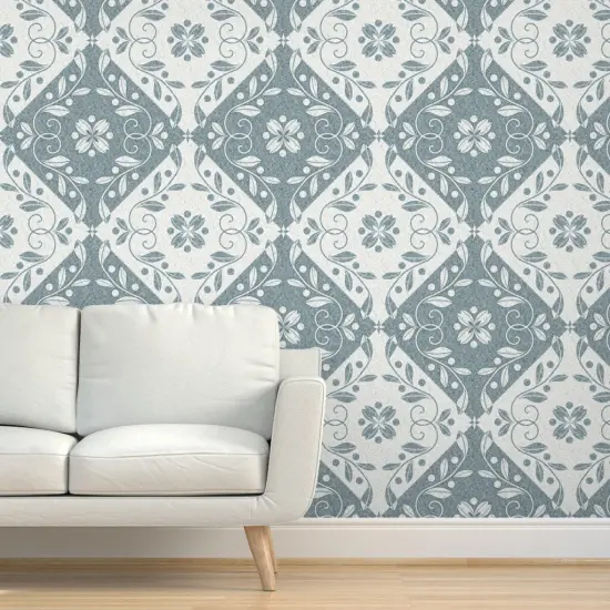 Pre-Pasted Wallpaper 2FT Wide Flowers Leaves Swirls Tiles Damask Botanical Floral Checkers Blue Gray Olive Branches Faux Marble Large Scale Custom Pre-pasted Wallpaper by Spoonflower {5}