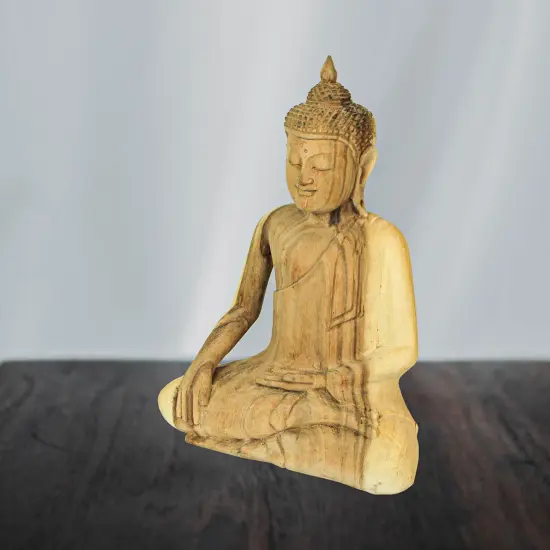 13 Inch Wooden Hand Carved Sitting Buddha Sculpture Zen Home Decor Meditation {5}