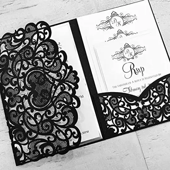 50 Sets Tri fold Love Hollow Laser cut Pocket Wedding Invite Invitation Card Jacket for Party Birthday Quinceañera Invite 4.92 by 7.28 inches (Black, Only Invitation cover) {2}