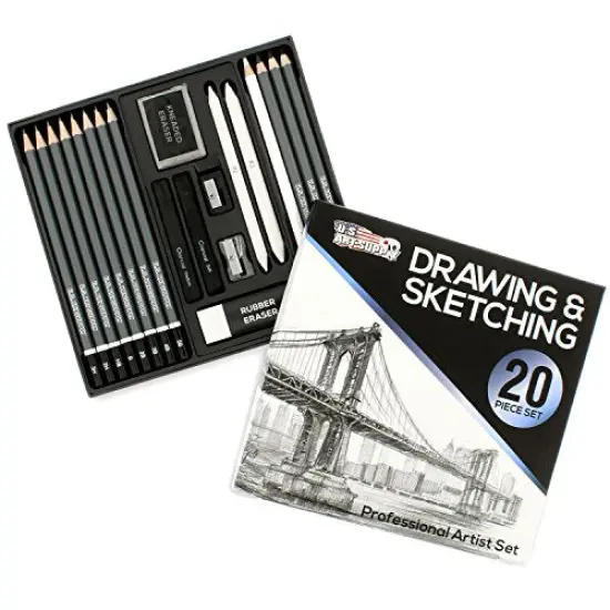 20 Piece Professional Hi-Quality Artist Sketch Set in Hard Storage Case - Sketch & Charcoal Pencils, Pastel, Stumps, Eraser, Sharpeners {1}