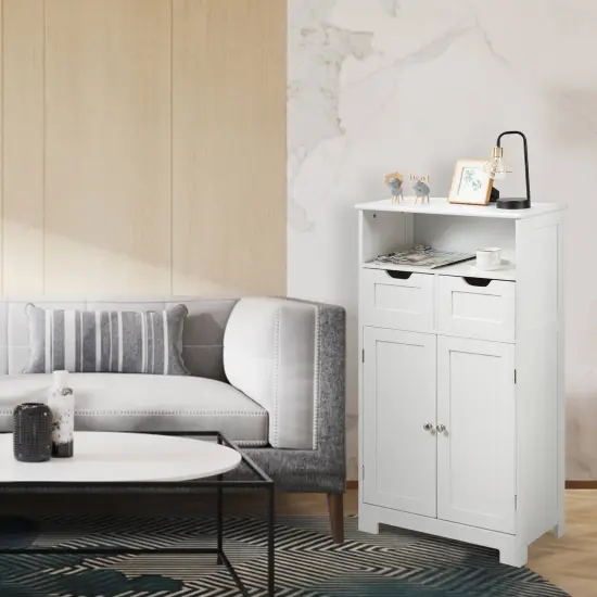 Bathroom Wooden Side Cabinet with 2 Drawers and 2 Doors White {3}