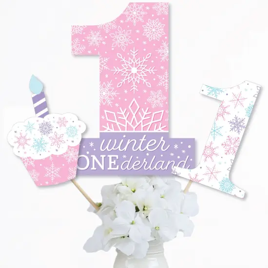 Big Dot of Happiness Pink Snowflakes 1st Birthday - Girl Winter ONEderland Party Centerpiece Sticks - Table Toppers - Set of 15 {4}