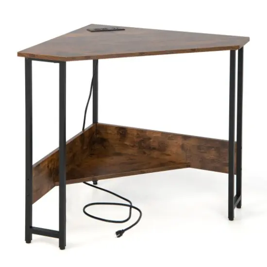 Triangle Computer Corner Desk with Charging Station Rustic Brown {1}