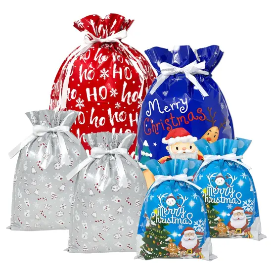 Wrapables Aluminum Foil Christmas Holiday Drawstring Gift Bags for Party Favors, Goodie Bag, Treats, Gift Wrap, Parties (of 6) Blue Silver {1}