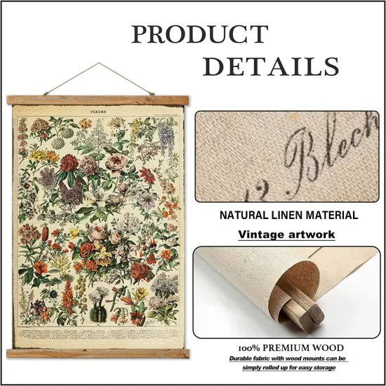 Flower Poster Hanger Frame, Retro Style Wall Art Prints, Printed on Linen with Natural Wooden Frames, Wall Hanging Decor {6}