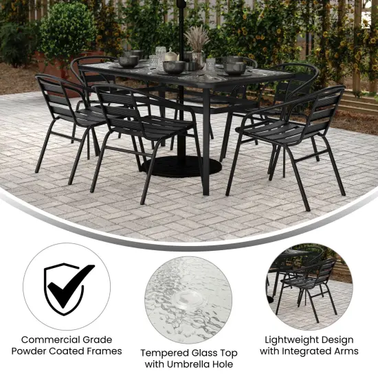 Merrick Lane Laney 7 Piece Outdoor Dining Set withTempered Glass Patio Table, 6 Stackable Metal Slat Chairs Black {2}