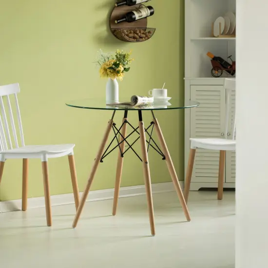 Round Clear Glass Top Accent Dining Table with 4 Beech Solid Wood Legs | Modern Space Saving Small Leisure Circle Desk 31.5" Dia x 29.25" H for Kitchen Dining Room, Living Room {2}