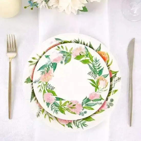 25 White 7" Round Paper Plates with Flower Wreath Design {3}