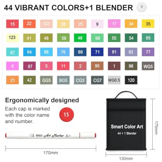 Art Markers, 44 Coloring Markers and 1 Blender, 45 Pack Alcohol Based Dual Tip Permanent Highlighters with Case, Excellent for Adults Kids Marking Drawing Sketching {6}