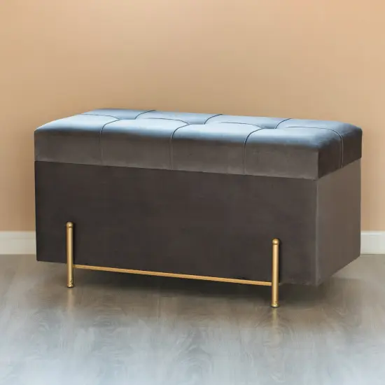 Large Rectangle Velvet Storage Ottoman Stool Box with Golden Legs | Decorative Sitting Bench for Living Room Home Decor with Cylindrical Golden Support Pink {10}