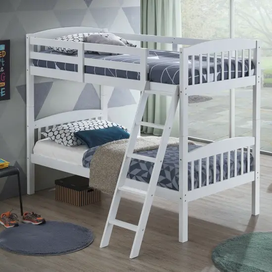 Wood Bunk Bed Twin with Inclined Ladder, Convertible, Safe and Space-Saving White {3}