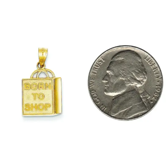 14K Yellow Gold Born to Shop Shopping Bag Charm Pendant Jewerly 14mm x 12mm {2}