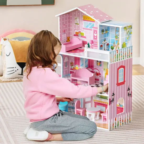 Costway Kids Wooden Dollhouse Playset with 5 Simulated Rooms & 10 Pieces of Furniture {5}