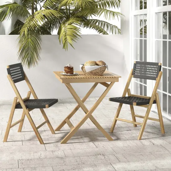 Costway 2/4 Piece Patio Folding Chairs with Woven Rope Seat & High Back Indonesia Teak Wood for Porch Natural&Black {2}