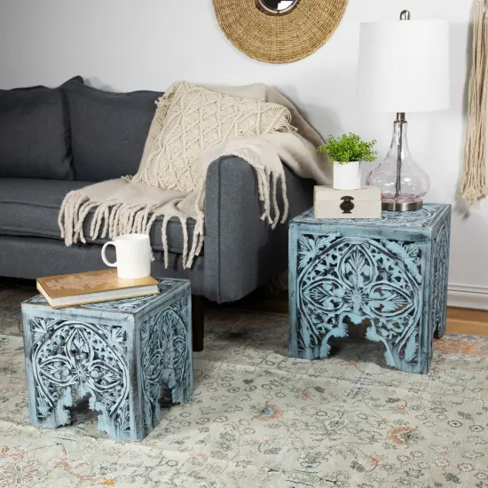 Northlight Set of 2 Antique Blue Square Stackable Nesting Side Table and Stool 16" {3}