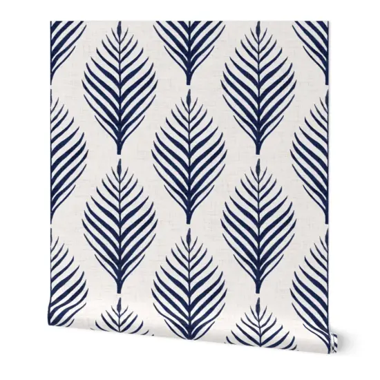 Peel & Stick Wallpaper 2FT Wide Navy Blue Floral Botanical Palm Tropical Island Dark Coastal Southern Leaf Silhouette Large Scale Custom Removable Wallpaper by Spoonflower {7}