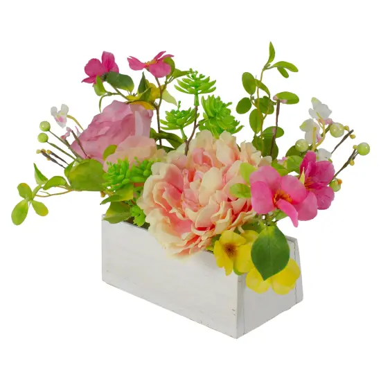 Northlight Artificial Roses and Peony Floral Arrangement in Planter - 14" - Pink and Yellow {5}