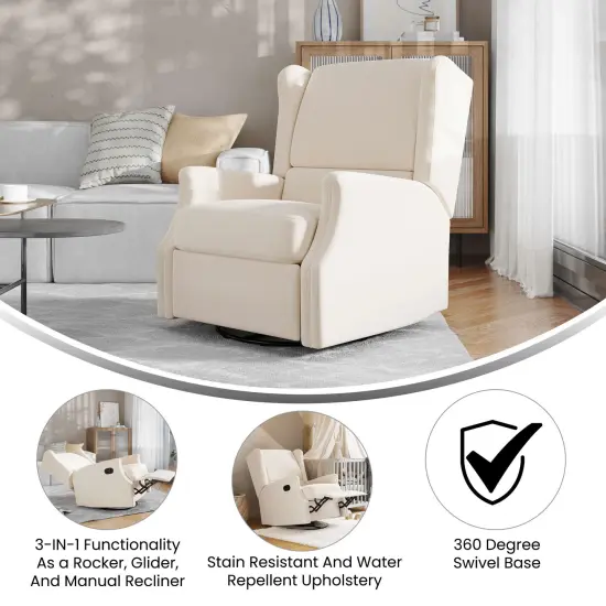 Merrick Lane Abby 3-in-1 Wingback Manual Recliner Rocker Swivel Glider Chair Cream {2}