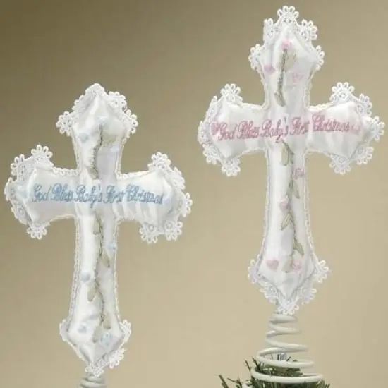 Roman Girl's God Bless Baby's First Christmas Cross Tree Topper - 8.5" - Pink White {3}