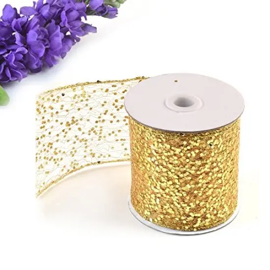 eZthings Decorative Designer Sparkly Sheer Fabric Ribbons for Party Decor and Gift Baskets (10 Yard, Gold(3.5" Width)) Purple(3.5" Width) {3}