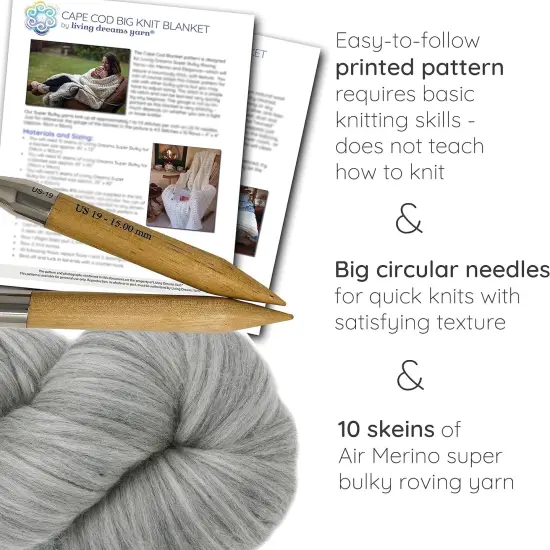 DIY Merino Wool Blanket Knitting Kit: Soft and Thick #7 Weight Jumbo Yarn, Knitting Needles and Pattern. Soft, Cozy, Great for Gifts Slate {2}