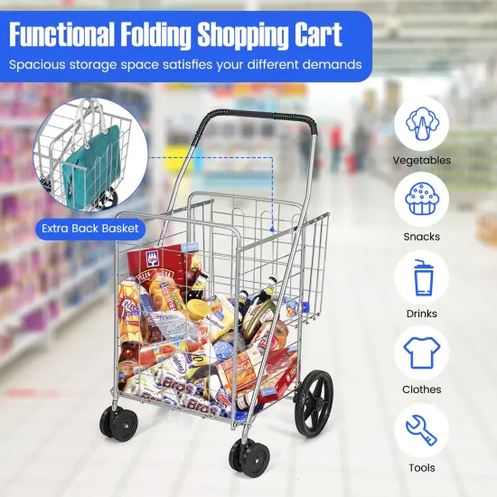 Folding Shopping Cart for Laundry with Swiveling Wheels & Dual Storage Baskets Silver {6}