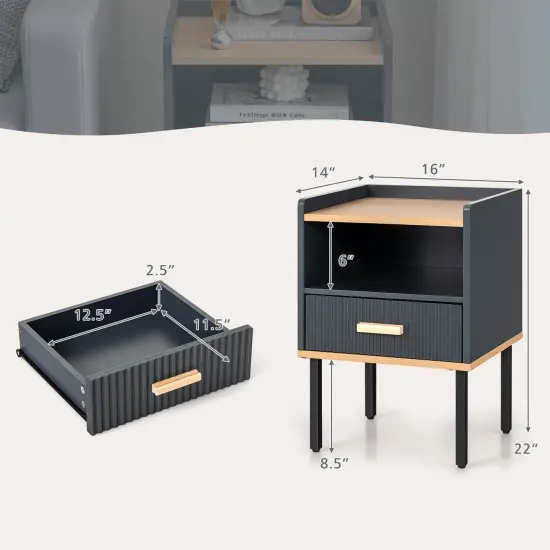 Nightstand Bedside End Table with Drawer and Open Shelf for Living Room Bedroom-Gray {5}
