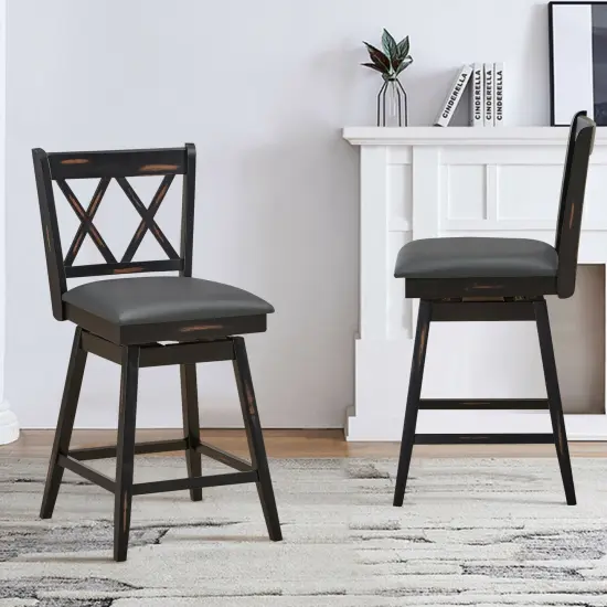2 Pieces 25 Inch Swivel Counter Height Barstool Set with Rubber Wood Legs Black {6}