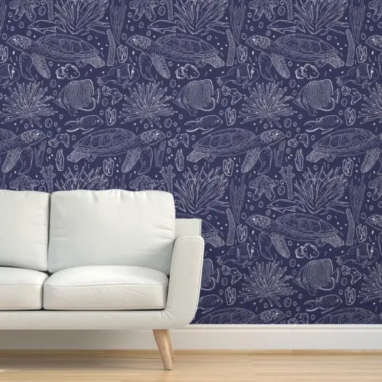 Pre-Pasted Wallpaper 2FT Wide Blue Fish Turtles Line Drawing And White Sea Creatures Life Coastal Navy Underwater Animals Chic Beach House Custom Pre-pasted Wallpaper by Spoonflower {5}