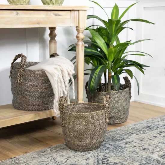 Northlight Set of 3 Dark Brown Round Seagrass Storage Baskets with Braided Handles 13.5" {3}
